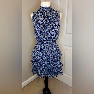 1. STATE Blue Floral Smocked Mock Neck Sleeveless Ruffle Tiered Mini Dress